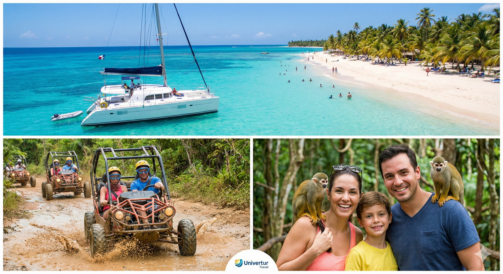 Collage de las mejores excursiones en Punta Cana: Saona, Buggies y Monkeyland
