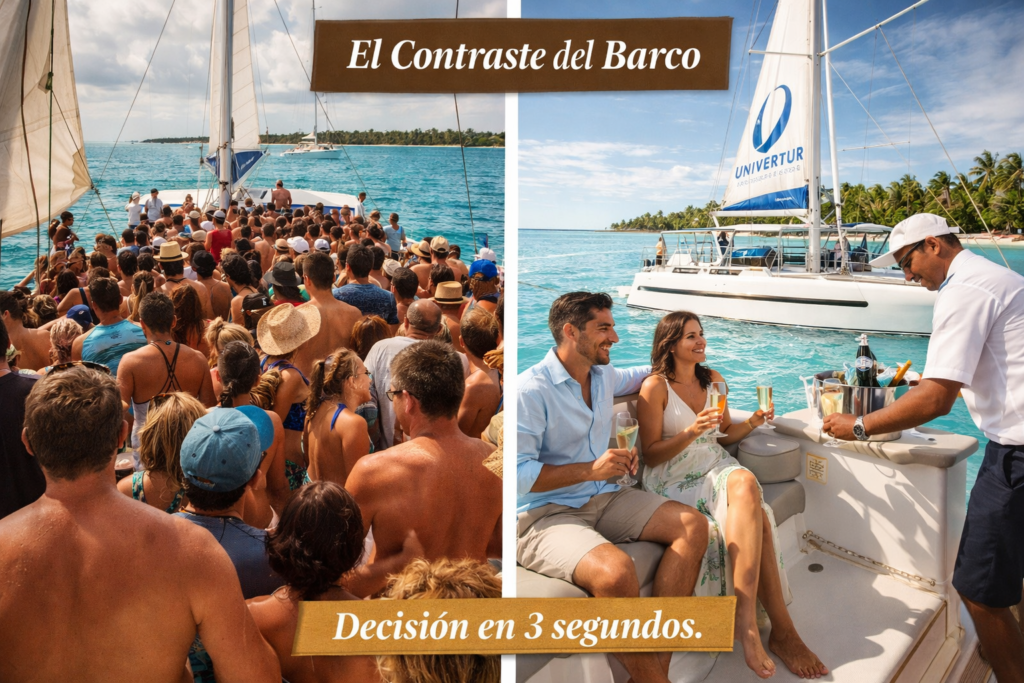 Error en traslados (Taxi vs Privado)Hero (image_4.png): La Lógica Profesional. Exterior aeropuerto. Family looking confused at generic, chaotic taxis con aggressive drivers. En el foreground, un clean black Chevrolet Suburban con Univetur branded doors and driver holding sign 'UNIVERTUR - CADICHON FAMILY'. Confort y seguridad vs caos.Interna (image_5.png): El Interior de la Suburban. Collage: Parte superior interior furgoneta Univertur con branded headrests, limpio, cómodo, AC. Abajo taxi normal con worn seats y chaos. Confort y seguridad.