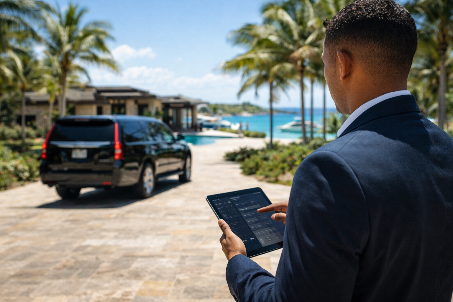 Conserje profesional coordinando logística de viajes de lujo y movilidad ejecutiva en Punta Cana.