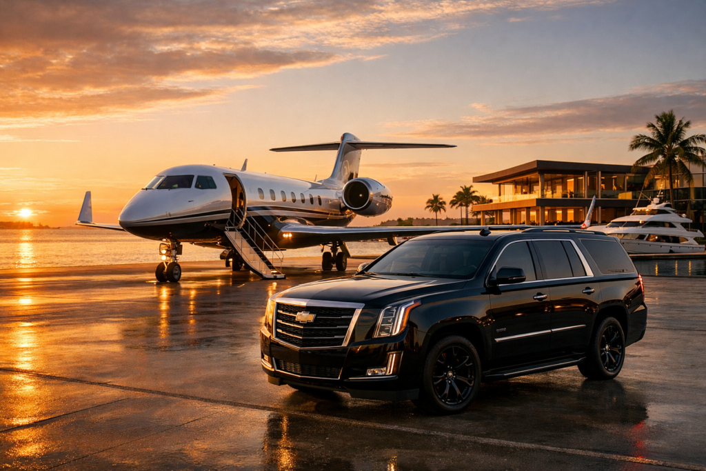 Logística de lujo sincronizada en Cap Cana con jet privado Gulfstream, SUV Cadillac Escalade blindada y superyate en villa frente al mar al atardecer en República Dominicana
