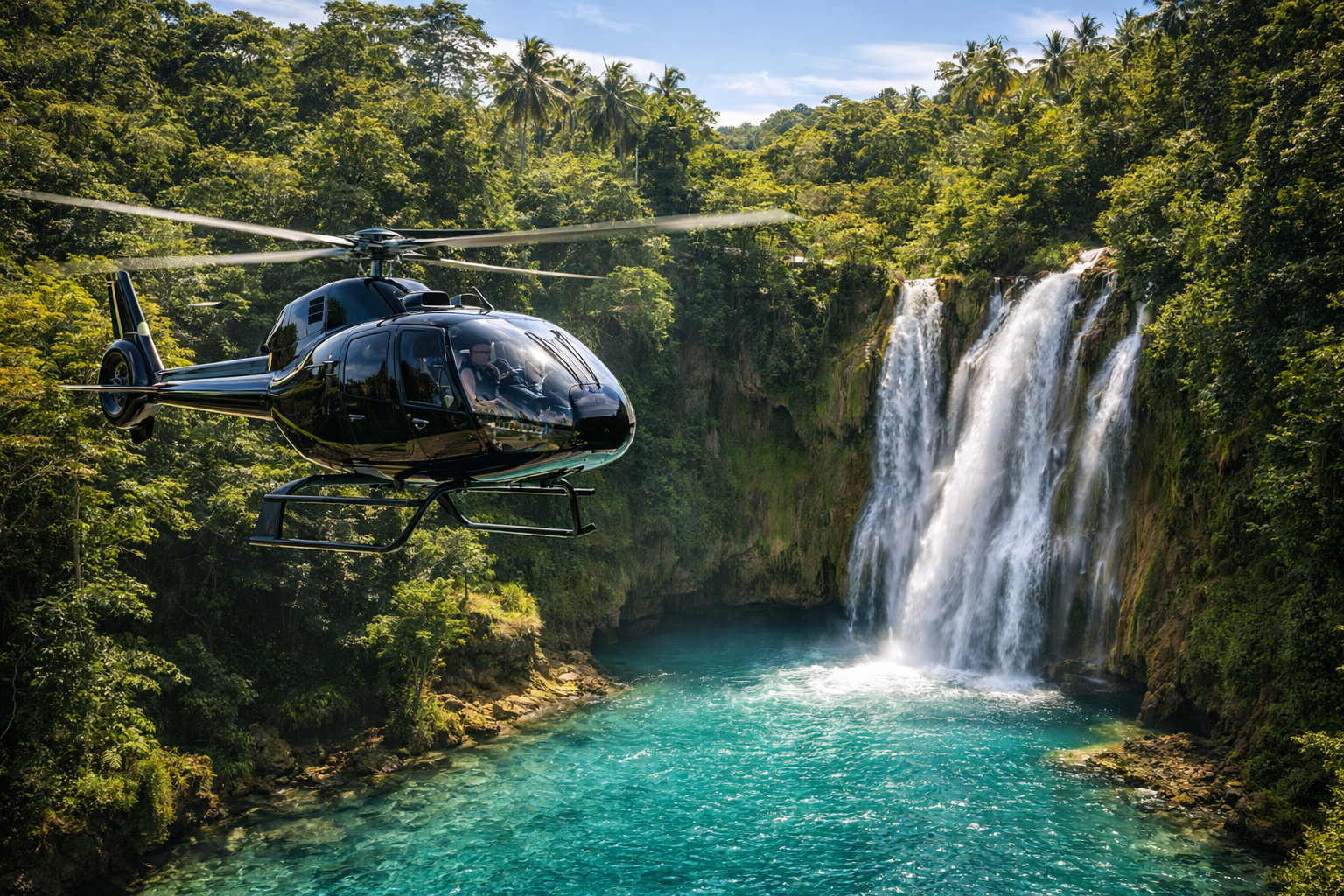 Helicóptero privado de lujo sobrevolando una cascada tropical en Samaná. Excursión VIP de Univertur Travel desde Punta Cana