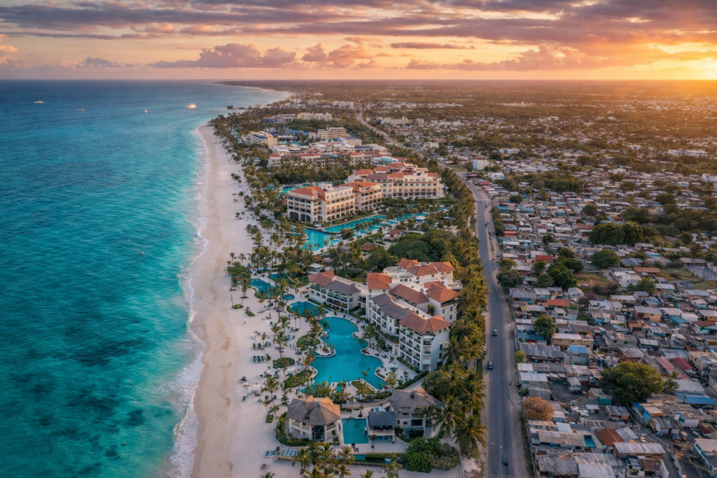 Vista aérea de Punta Cana con resorts de lujo y contraste urbano en el Caribe
