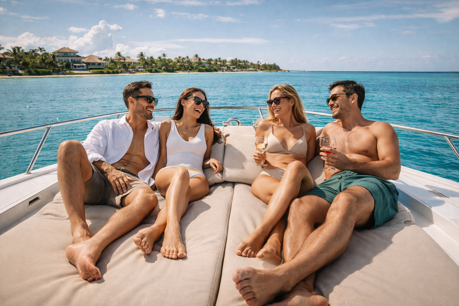 Un grupo de amigos se relaja y ríe en la proa de un yate privado de lujo en Cap Cana, rodeados de agua turquesa y la costa exclusiva.
