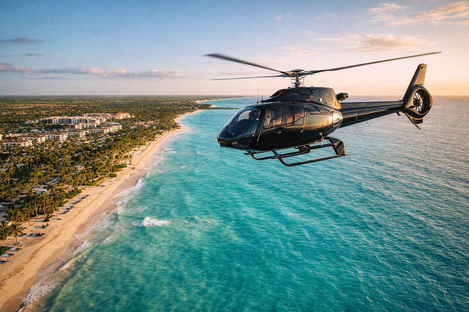 Moderno helicóptero de lujo sobrevolando las playas de arena blanca y aguas turquesas de Punta Cana.