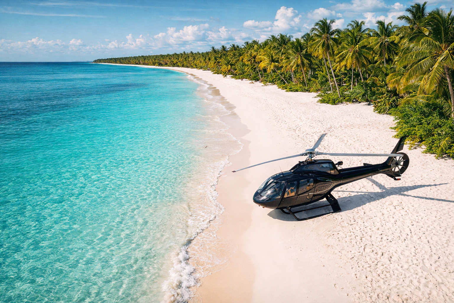 Helicóptero de lujo aterrizado en una playa privada y exclusiva de la Isla Saona, sin multitudes.