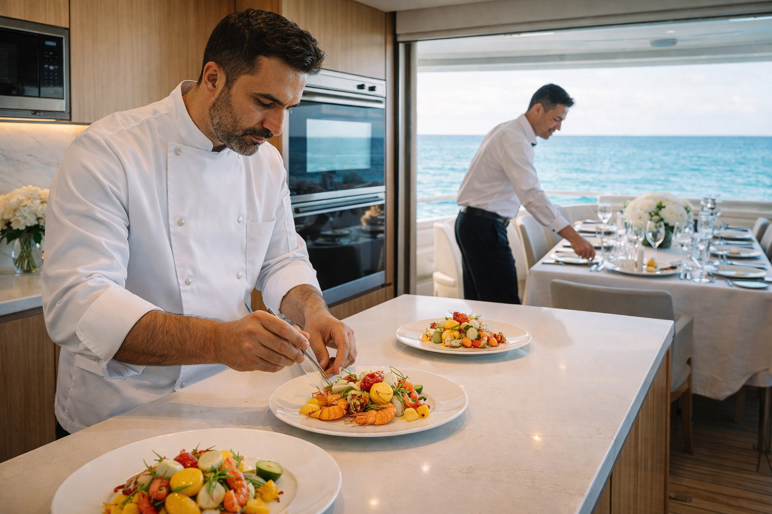 Un chef profesional prepara meticulosamente un plato gourmet de mariscos en la cocina de un yate privado de lujo en Cap Cana.
