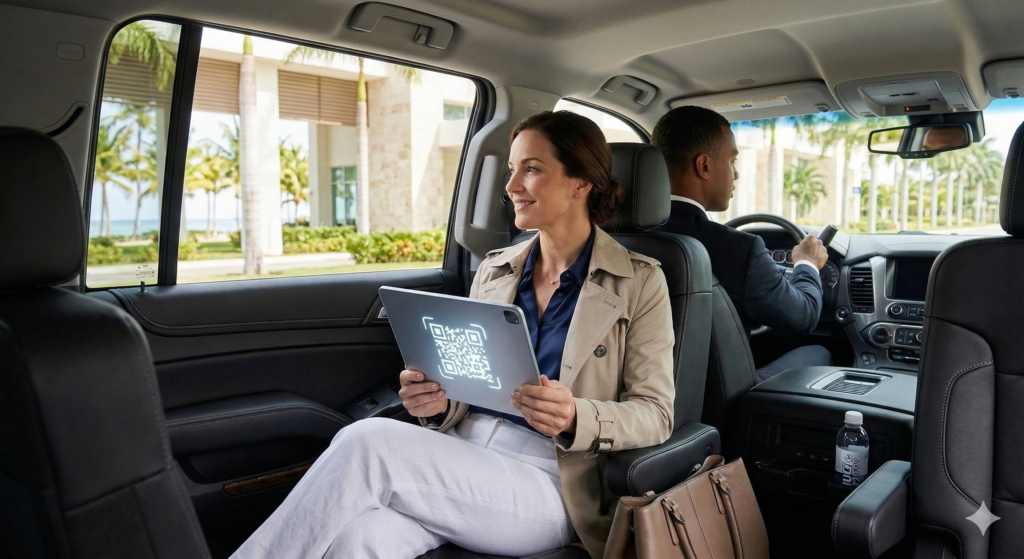 Traveler with a dominican republic e ticket QR code relaxing in a private VIP airport transfer in Punta Cana