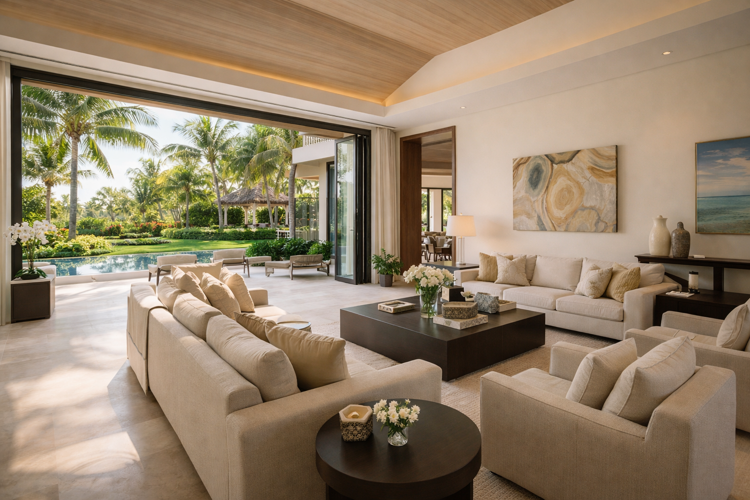 Diseño de interiores de una espaciosa sala de estar en una mansión de lujo en Punta Cana con puertas de cristal abiertas al jardín.