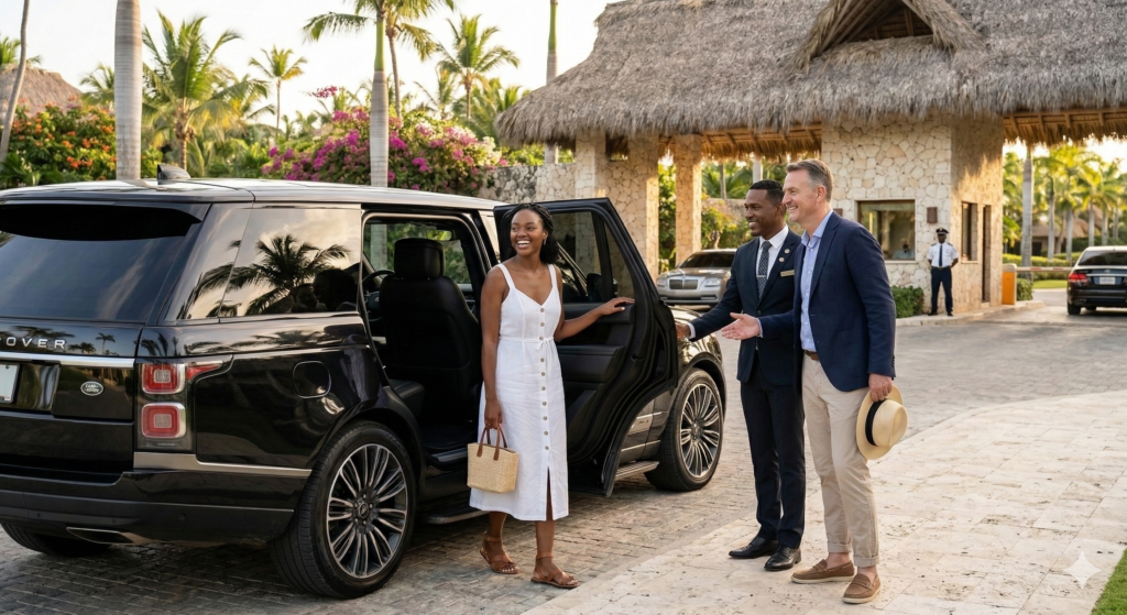 Professional private chauffeur safely greeting tourists, showing that is punta cana safe for visitors