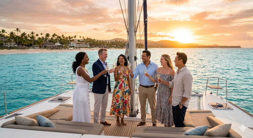 Corporate team celebrating on a luxury private yacht as part of an exclusive incentive travel program in Punta Cana