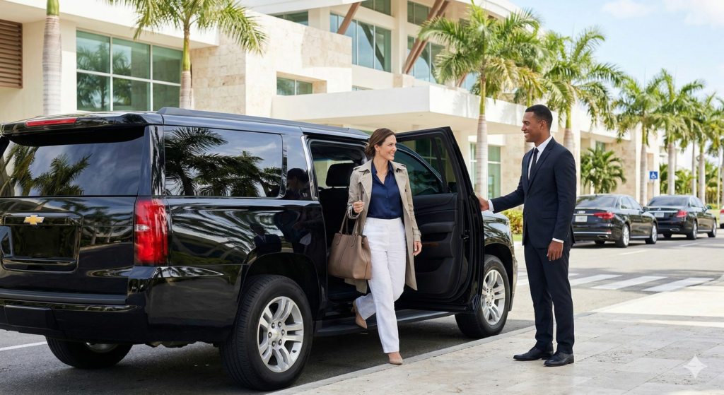 Professional chauffeur waiting with a luxury black SUV for private Punta Cana airport transfers