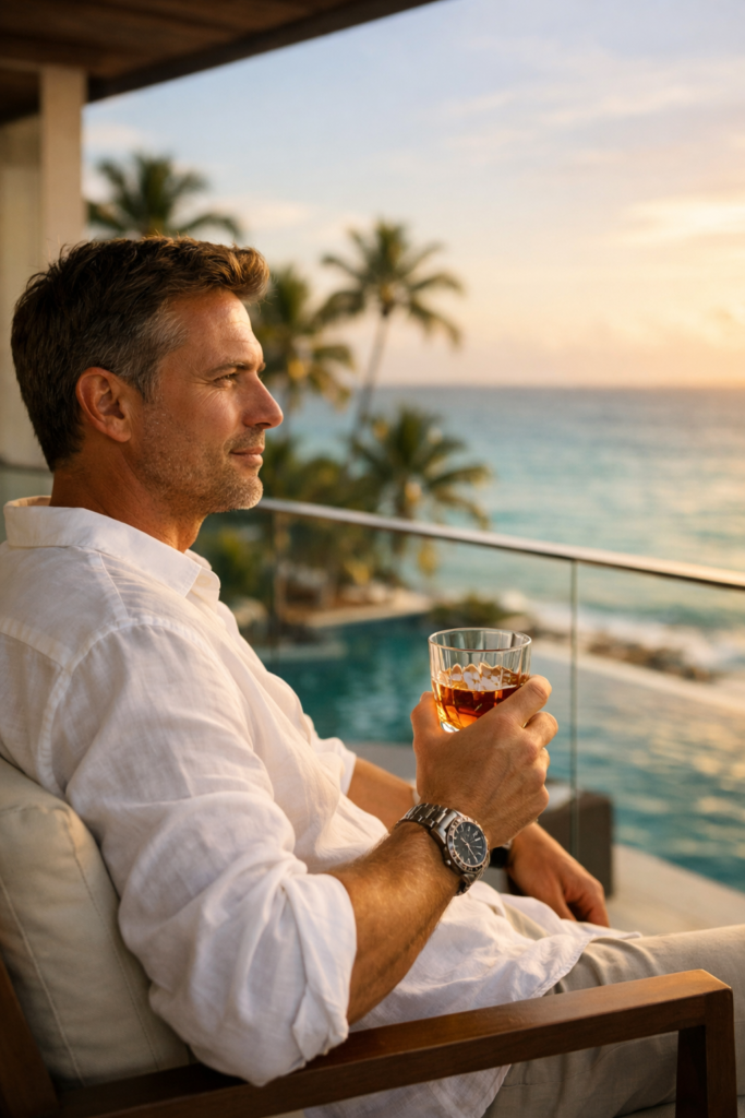 Hombre de negocios disfrutando de total privacidad en una villa de lujo frente al mar gracias al servicio de conserjería VIP en Punta Cana.