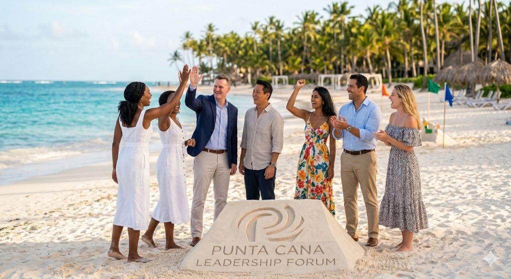 Corporate group celebrating after completing executive team building activities in Punta Cana on a private beach