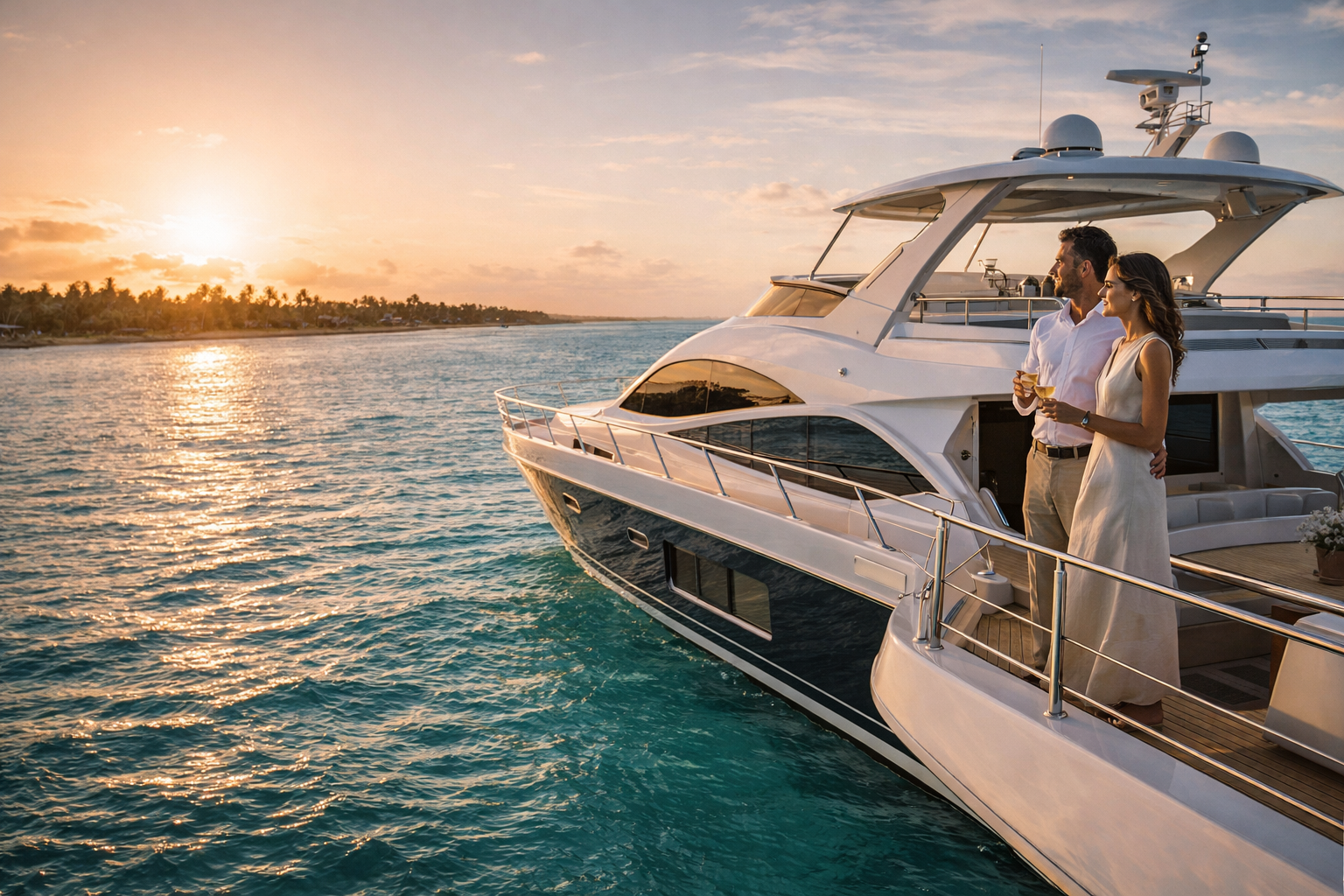 Una pareja elegante disfruta de la puesta de sol en la cubierta de un moderno yate de lujo anclado en las aguas turquesas de Cap Cana, Punta Cana.