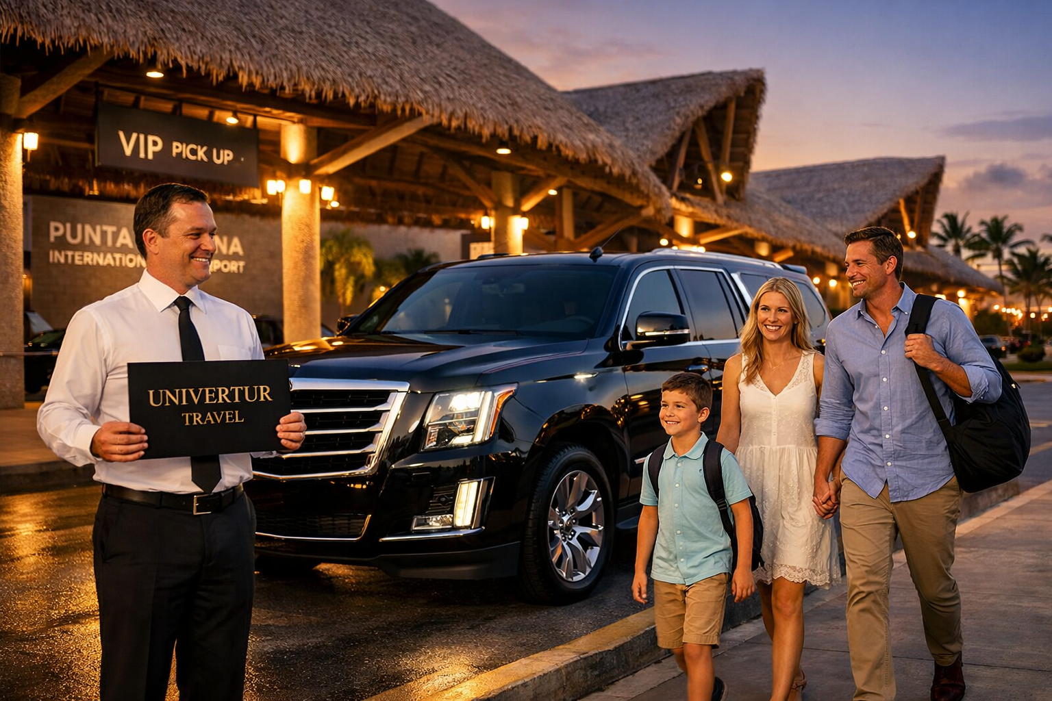 Private airport transfer Punta Cana pickup at PUJ terminal with luxury SUV and professional driver holding Univertur Travel sign for VIP arrival.