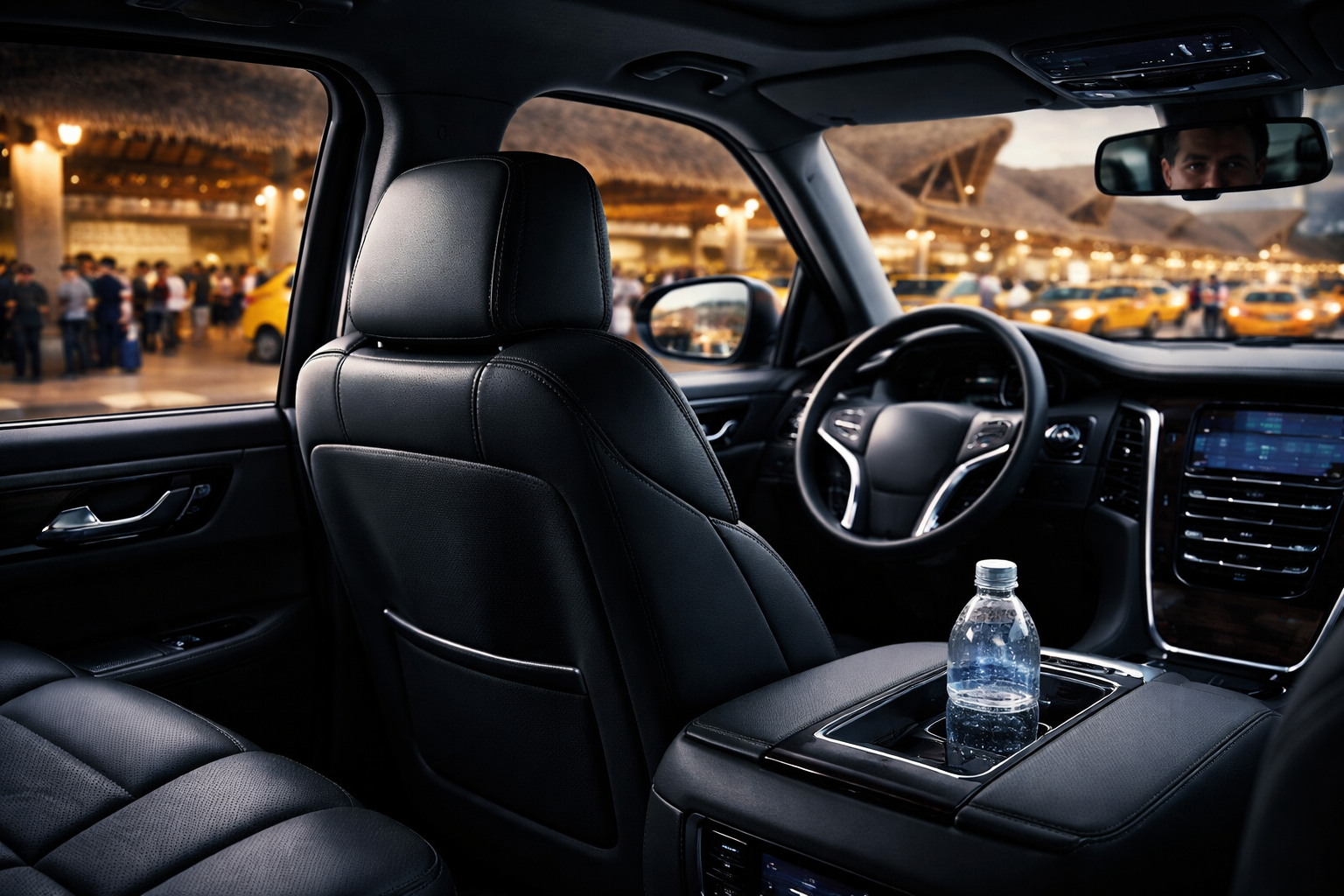 Interior view of a luxury SUV at Punta Cana Airport showing exclusivity vs chaotic taxi lines