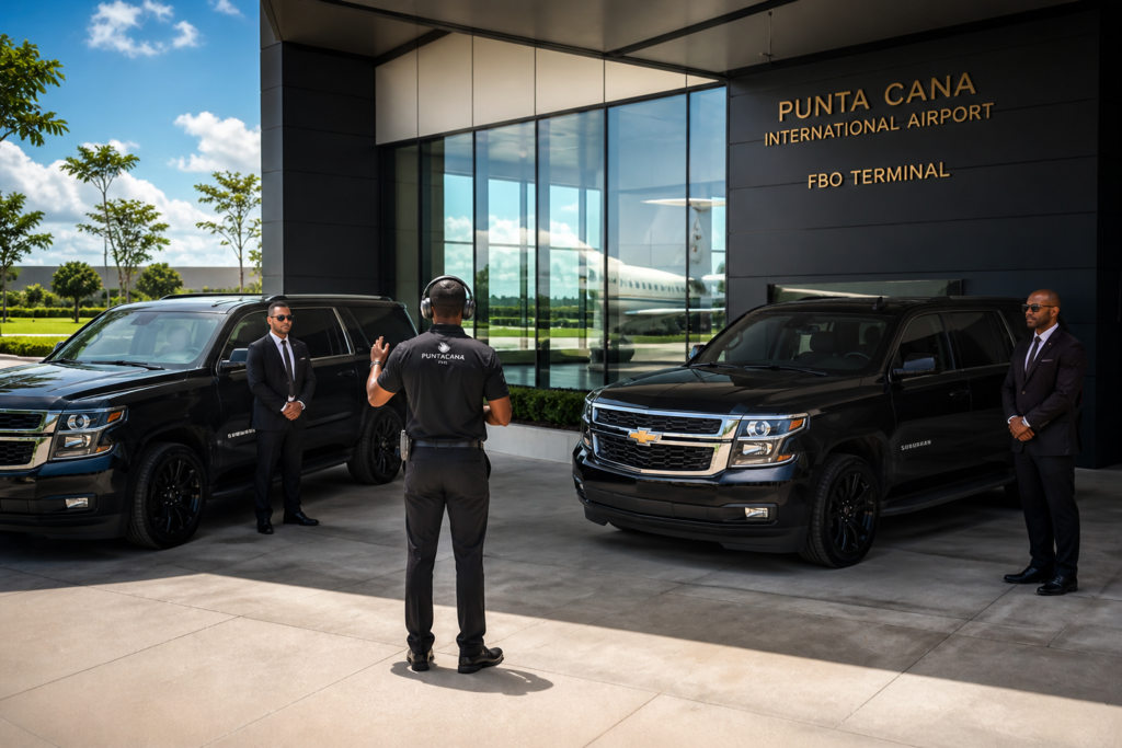 View from a private jet window showing premium SUVs waiting at the FBO terminal in Punta Cana International Airport